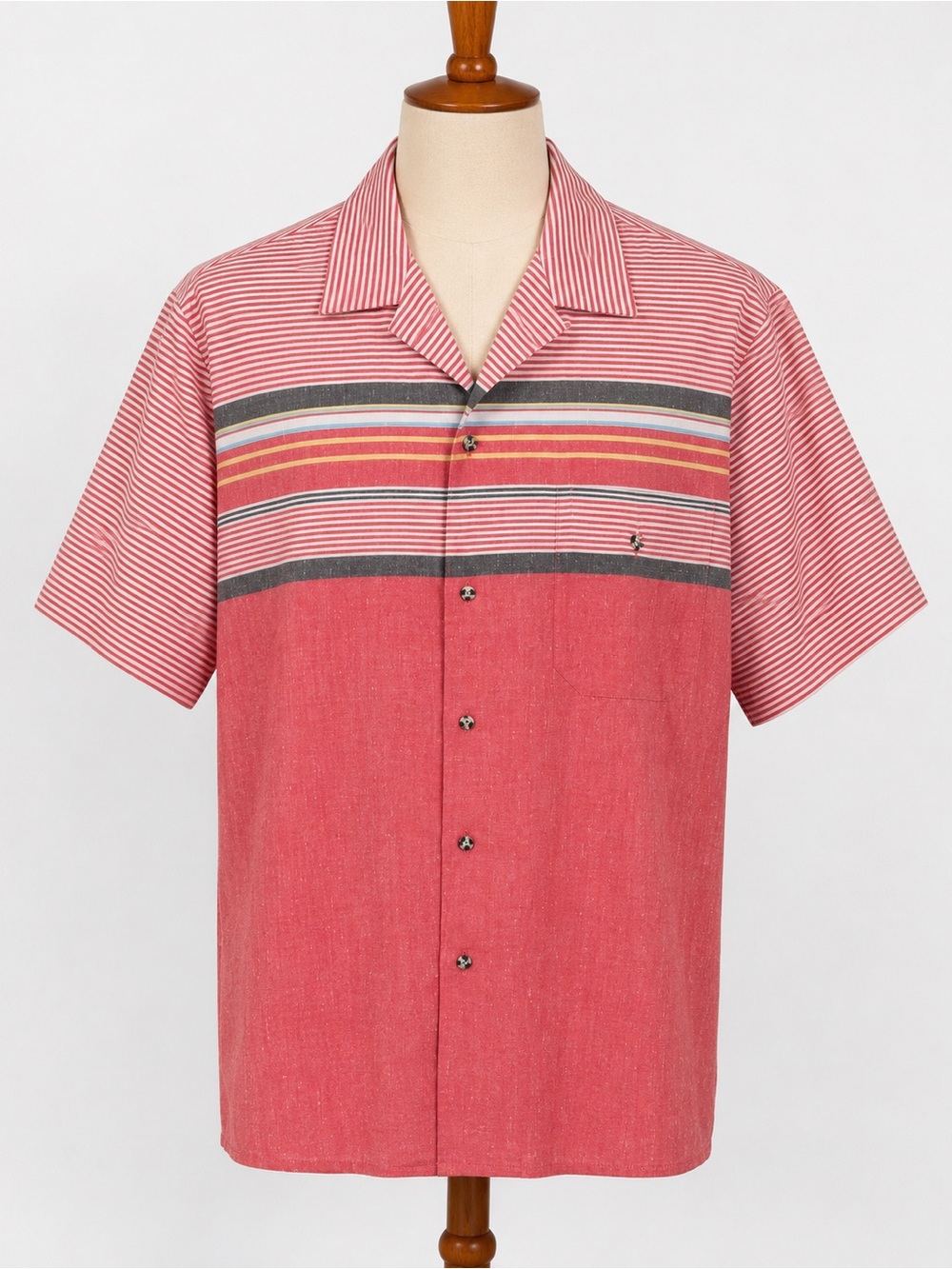 Vintage Men’s 70s Arrow Sea Isle Camp Button Up Shirt Pink Loop Collar Striped L